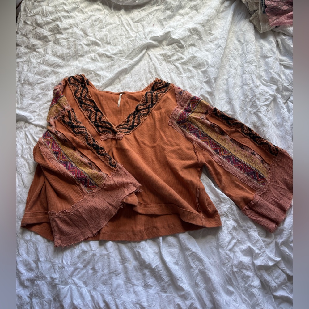 Free People Rust Orange Boho Embroidered Peasant Top
